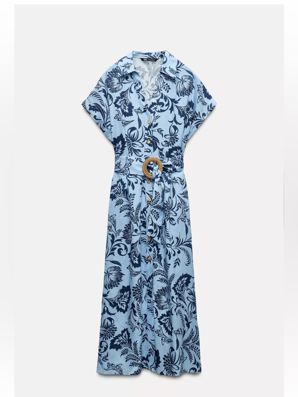 Zara Light Blue Floral Linen Blend Shirt Dress
